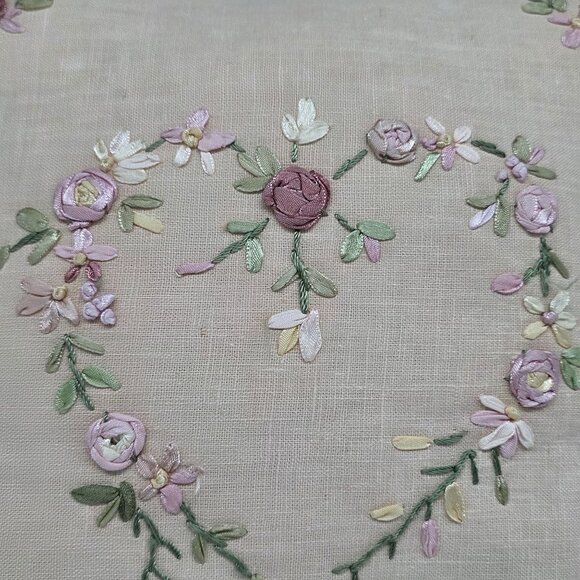 Handmade Linen Small Throw Pillow Silk Floral Embroidery 11" Square - Picture 8 of 9